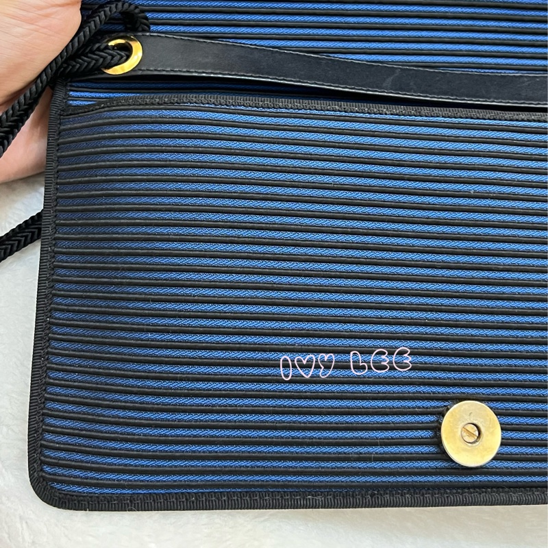 Saint Laurent vintage  黑、藍 帆布拼接  橫線條 復古信封包 斜背包 正品 二手精品-27