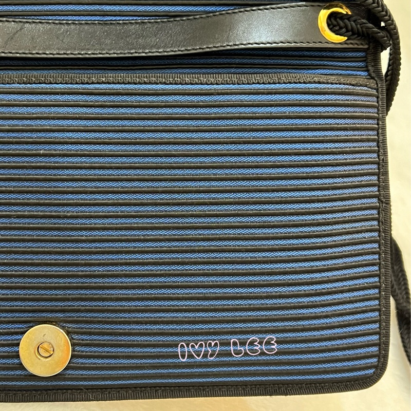 Saint Laurent vintage  黑、藍 帆布拼接  橫線條 復古信封包 斜背包 正品 二手精品-28