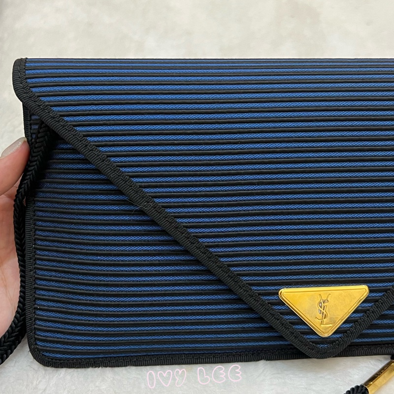 Saint Laurent vintage  黑、藍 帆布拼接  橫線條 復古信封包 斜背包 正品 二手精品-31