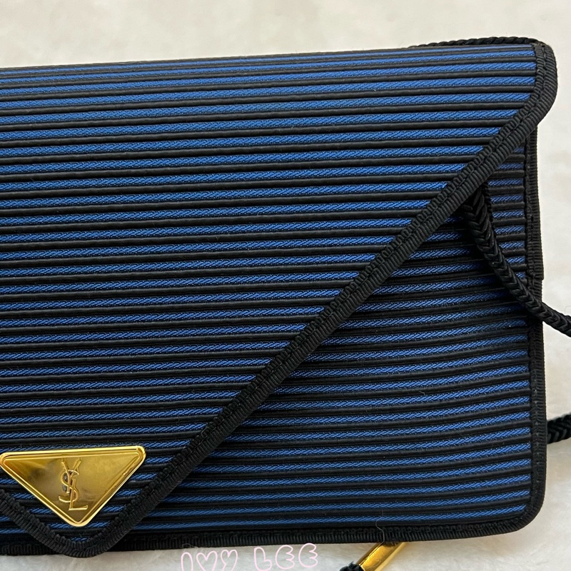 Saint Laurent vintage  黑、藍 帆布拼接  橫線條 復古信封包 斜背包 正品 二手精品-32