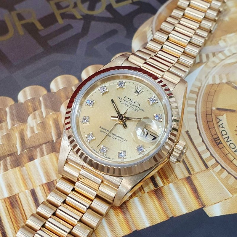 【大眾名錶】ROLEX勞力士 69178 Datejust 18K蠔式女錶 女紅蟳 金色十鑽面盤 大眾名錶B1300-4