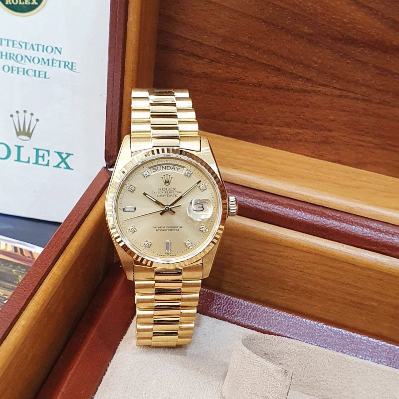 【大眾名錶】ROLEX勞力士 18038 Day-Date 蠔式DD18K 紅蟳錶 金色6.9T鑽面盤 大眾名錶G286-3