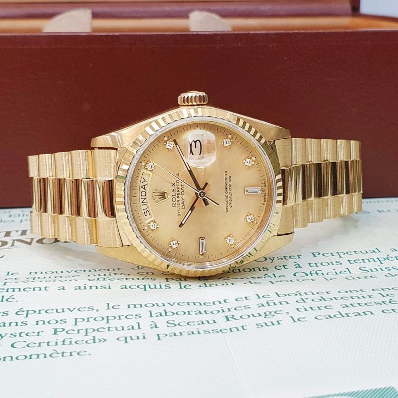 【大眾名錶】ROLEX勞力士 18038 Day-Date 蠔式DD18K 紅蟳錶 金色6.9T鑽面盤 大眾名錶G286-4