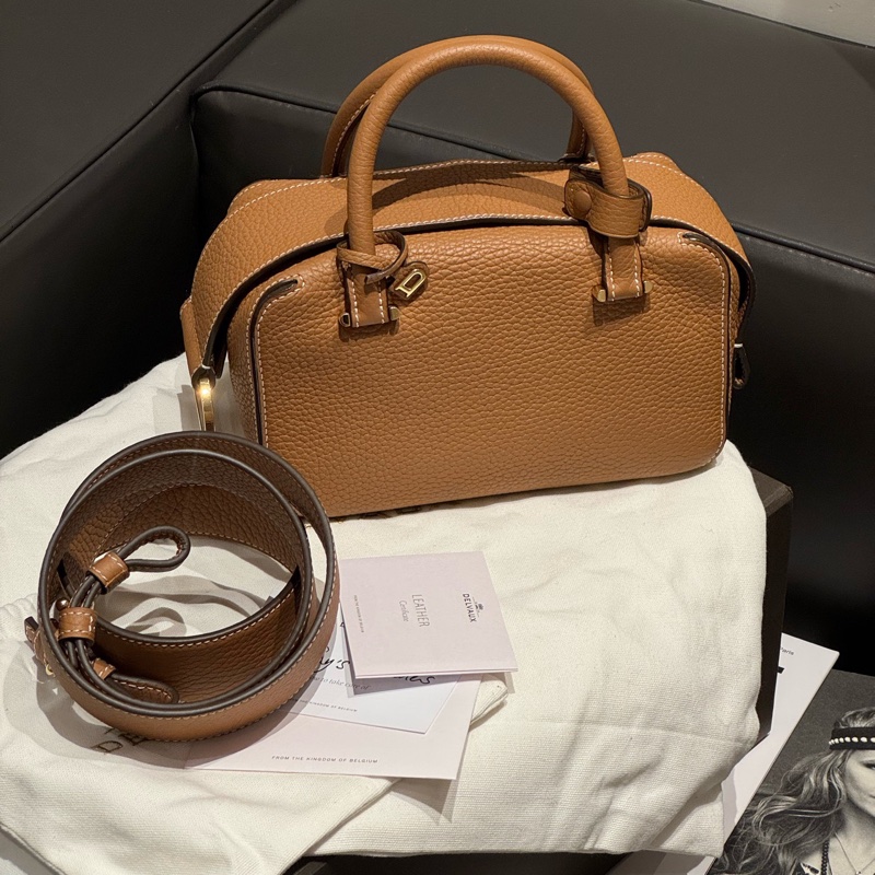 99新Delvaux 德爾沃 Cool Box MiNi手袋 底長22cm焦糖色 隱藏拉鍊 金色D字扣-1