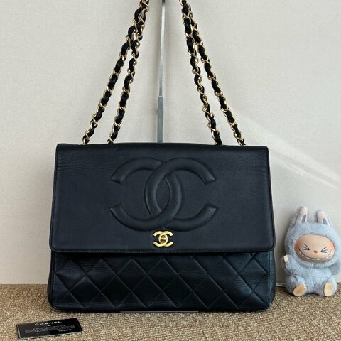 香奈兒/Chanel 貝嫂包 黑金浮雕LOGO拼菱格 羊皮鏈條包