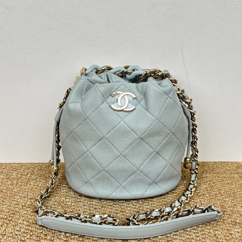 芯片款 香奈兒/Chanel 灰金雙金珠抽繩水桶包-5