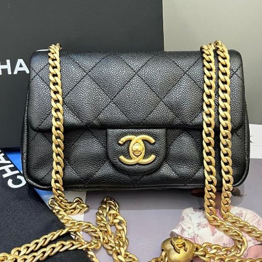近新品 香奈兒/Chanel 黑金荔枝紋牛皮方胖子愛心鏈條包 芯片款-0