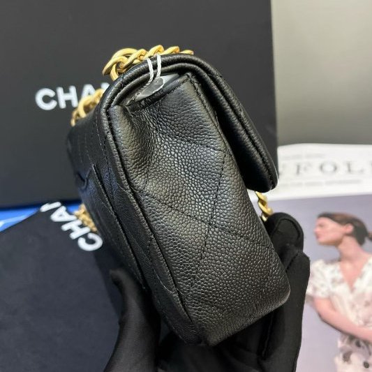 近新品 香奈兒/Chanel 黑金荔枝紋牛皮方胖子愛心鏈條包 芯片款-3