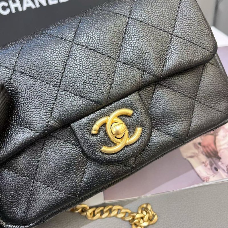 近新品 香奈兒/Chanel 黑金荔枝紋牛皮方胖子愛心鏈條包 芯片款-4