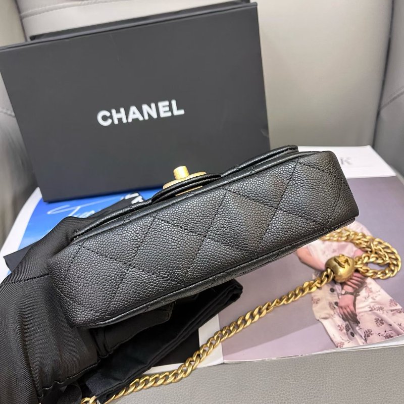 近新品 香奈兒/Chanel 黑金荔枝紋牛皮方胖子愛心鏈條包 芯片款-7