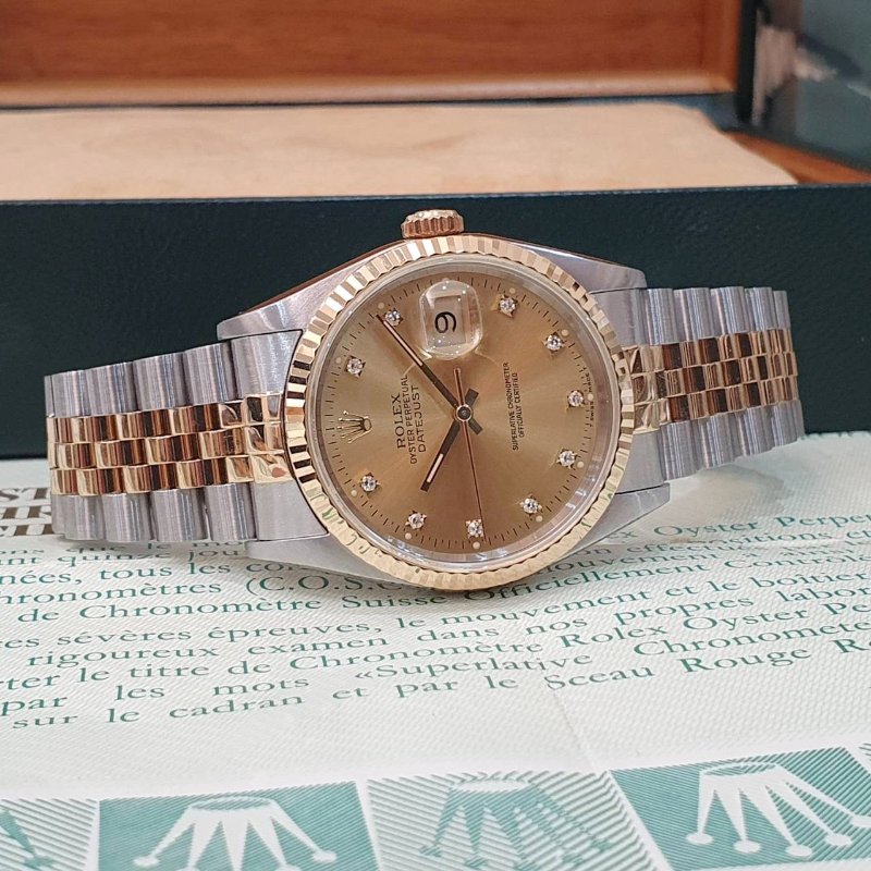 【大眾名錶】ROLEX勞力士 16233 Datejust 蠔式日誌 太陽圈 金色十鑽面 底蓋原廠貼紙 大眾名錶G287-1