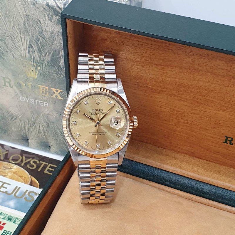 【大眾名錶】ROLEX勞力士 16233 Datejust 蠔式日誌 太陽圈 金色十鑽面 底蓋原廠貼紙 大眾名錶G287-2