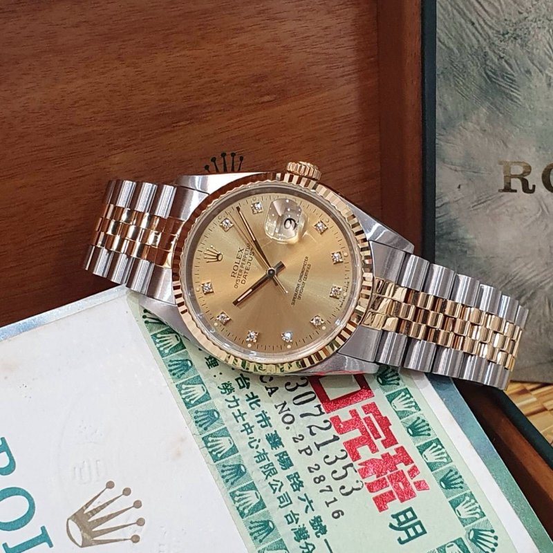 【大眾名錶】ROLEX勞力士 16233 Datejust 蠔式日誌 太陽圈 金色十鑽面 底蓋原廠貼紙 大眾名錶G287-3