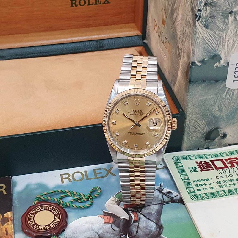 【大眾名錶】ROLEX勞力士 16233 Datejust 蠔式日誌 太陽圈 金色十鑽面 底蓋原廠貼紙 大眾名錶G287-4