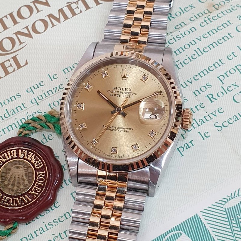 【大眾名錶】ROLEX勞力士 16233 Datejust 蠔式日誌 太陽圈 金色十鑽面 底蓋原廠貼紙 大眾名錶G287-5