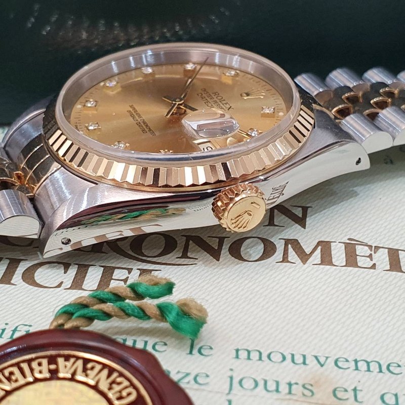 【大眾名錶】ROLEX勞力士 16233 Datejust 蠔式日誌 太陽圈 金色十鑽面 底蓋原廠貼紙 大眾名錶G287-6