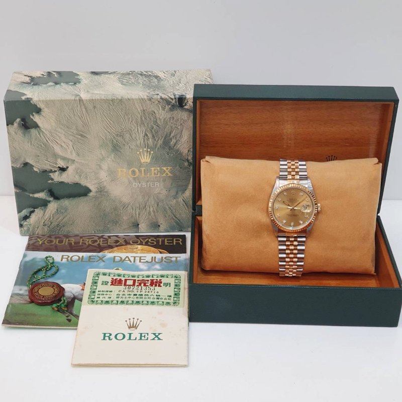 【大眾名錶】ROLEX勞力士 16233 Datejust 蠔式日誌 太陽圈 金色十鑽面 底蓋原廠貼紙 大眾名錶G287-9
