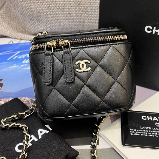 近新品 香奈兒/Chanel 黑金羊皮mini盒子化粧鏈條包-0
