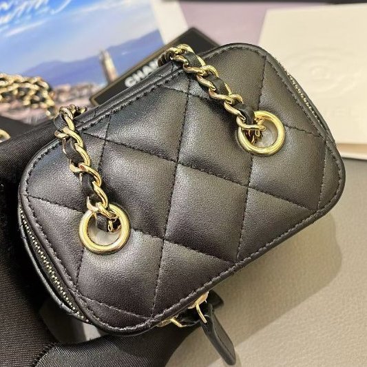 近新品 香奈兒/Chanel 黑金羊皮mini盒子化粧鏈條包-4
