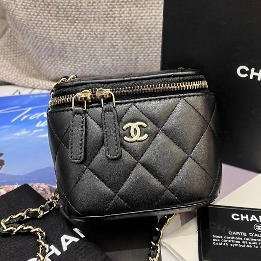 近新品 香奈兒/Chanel 黑金羊皮mini盒子化粧鏈條包-6