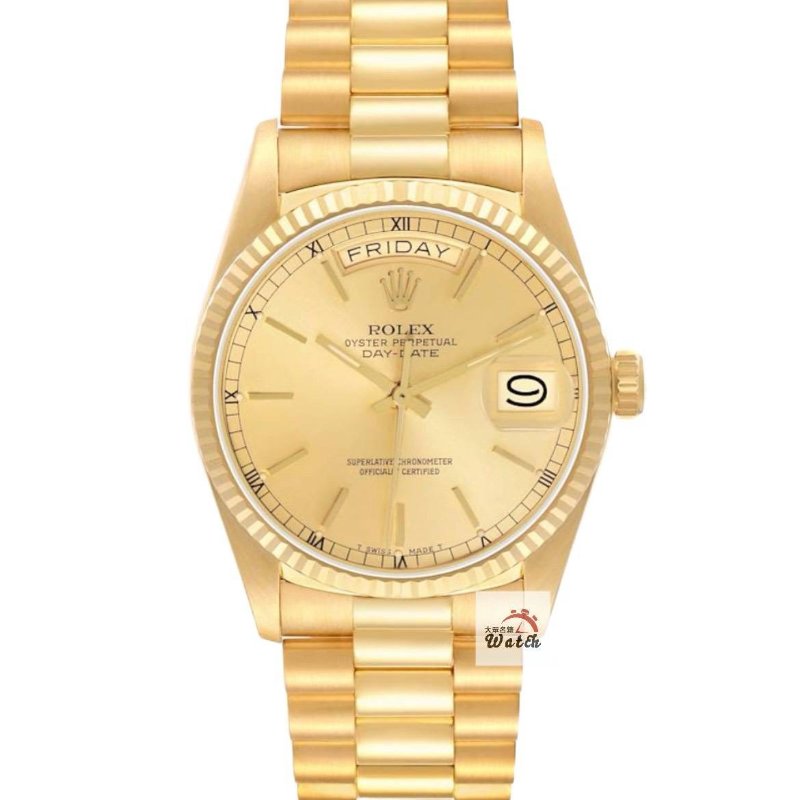 【大眾名錶】ROLEX勞力士 18038 Day-Date 18K金蠔式 金色T柱面盤 底蓋原廠貼紙 大眾名錶B1304-0