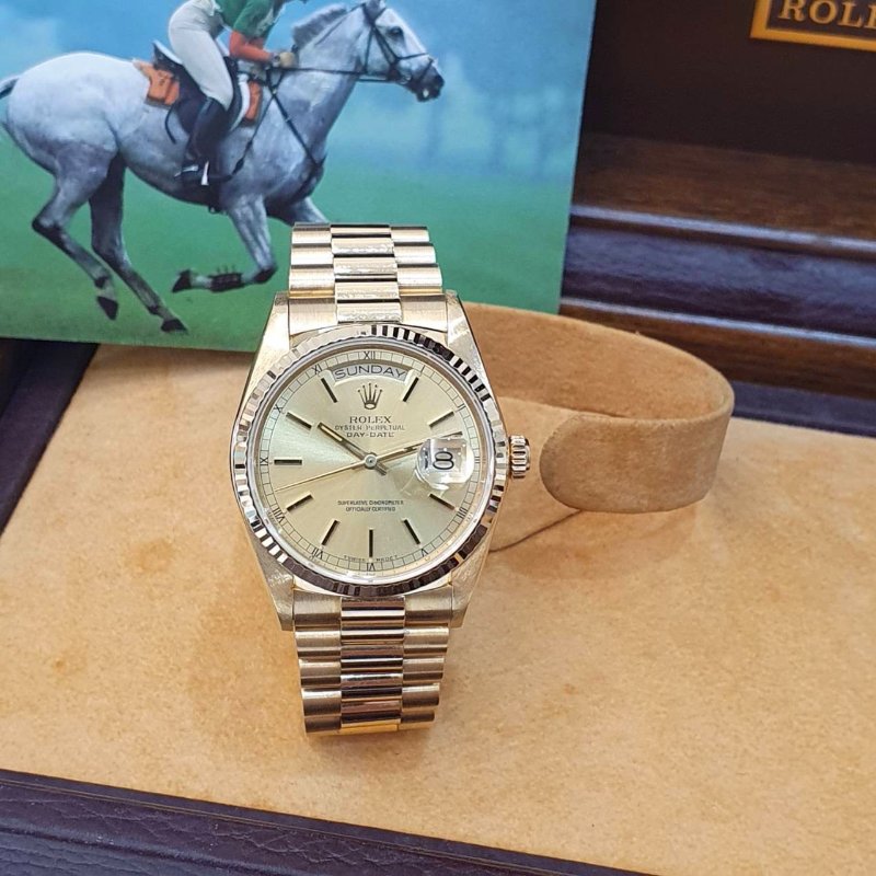 【大眾名錶】ROLEX勞力士 18038 Day-Date 18K金蠔式 金色T柱面盤 底蓋原廠貼紙 大眾名錶B1304-1