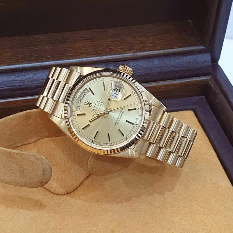 【大眾名錶】ROLEX勞力士 18038 Day-Date 18K金蠔式 金色T柱面盤 底蓋原廠貼紙 大眾名錶B1304-2