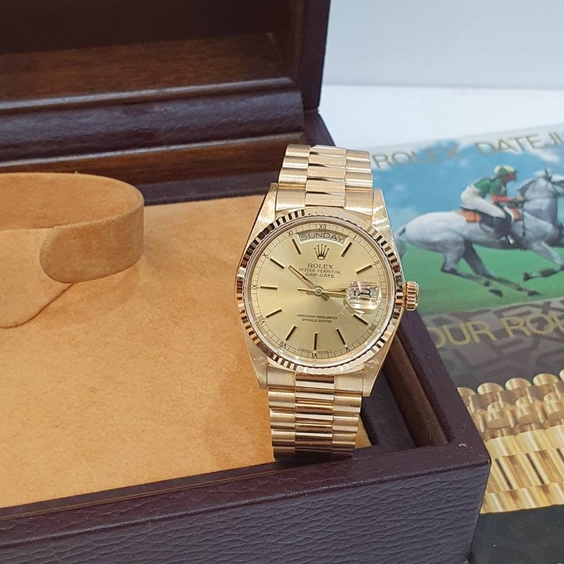 【大眾名錶】ROLEX勞力士 18038 Day-Date 18K金蠔式 金色T柱面盤 底蓋原廠貼紙 大眾名錶B1304-3