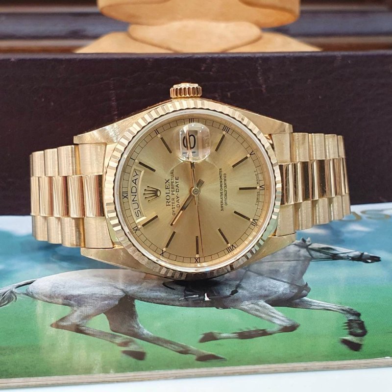 【大眾名錶】ROLEX勞力士 18038 Day-Date 18K金蠔式 金色T柱面盤 底蓋原廠貼紙 大眾名錶B1304-4