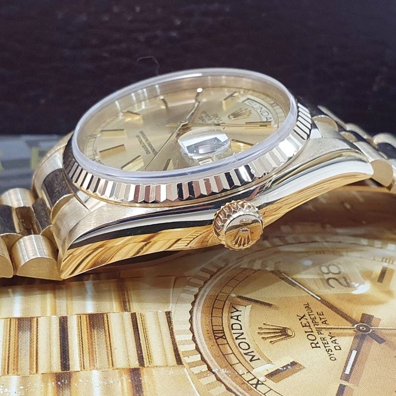 【大眾名錶】ROLEX勞力士 18038 Day-Date 18K金蠔式 金色T柱面盤 底蓋原廠貼紙 大眾名錶B1304-5