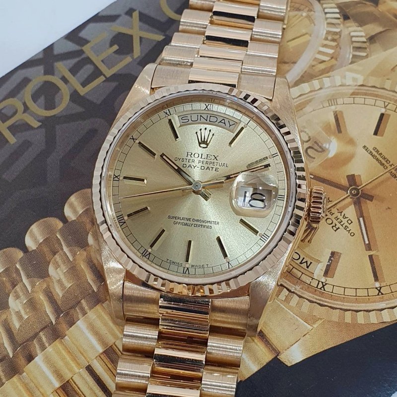 【大眾名錶】ROLEX勞力士 18038 Day-Date 18K金蠔式 金色T柱面盤 底蓋原廠貼紙 大眾名錶B1304-8