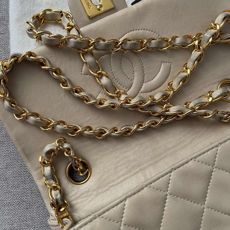 CHANEL 米白色方胖子 斜背 肩背 手提包-9
