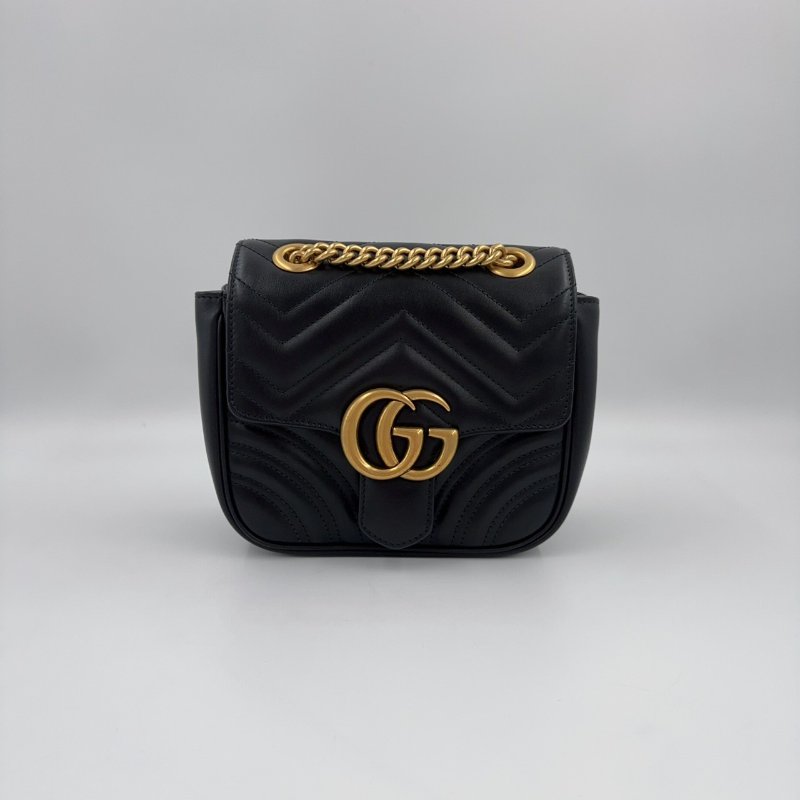 GUCCI黑色牛皮金釦Marmont雙G LOGO方形肩側背包-2