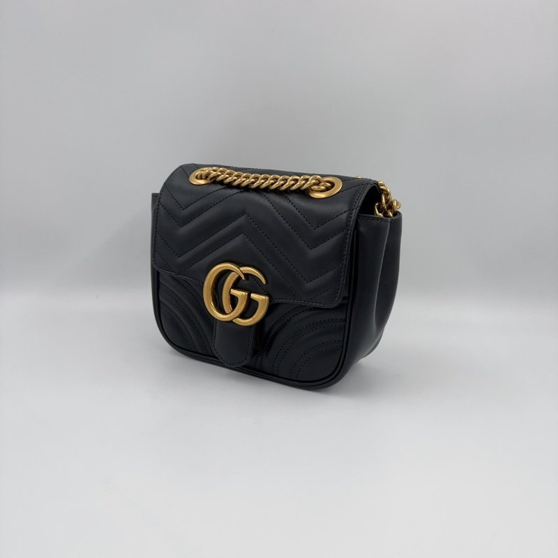 GUCCI黑色牛皮金釦Marmont雙G LOGO方形肩側背包-4