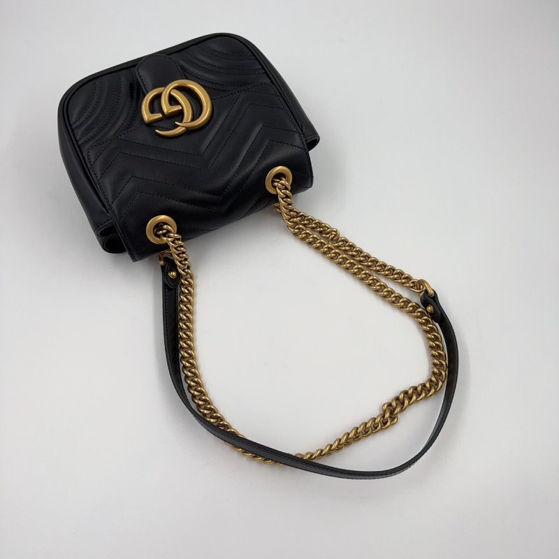 GUCCI黑色牛皮金釦Marmont雙G LOGO方形肩側背包-7