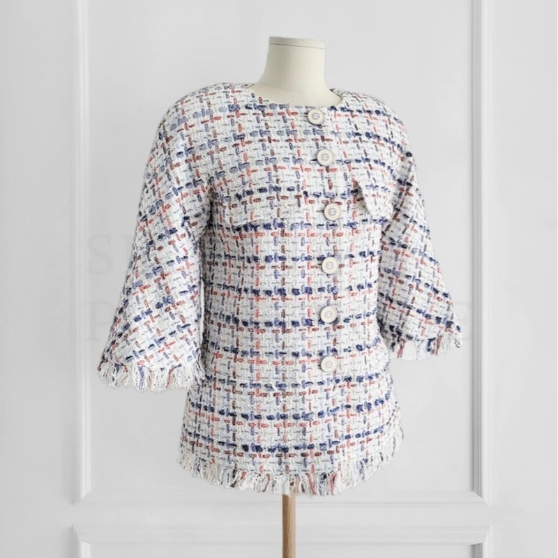 CHANEL藍粉格紋粗花呢外套-3