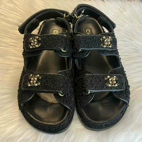 CHANEL 毛呢雙C魔鬼氈涼鞋 37.5