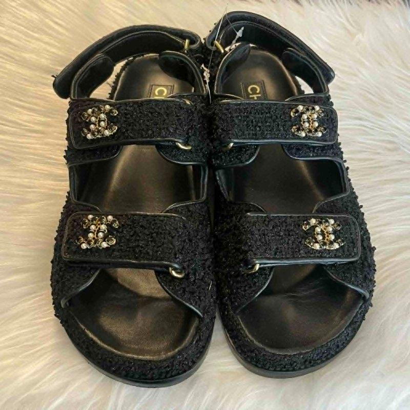 CHANEL 毛呢雙C魔鬼氈涼鞋 37.5-0