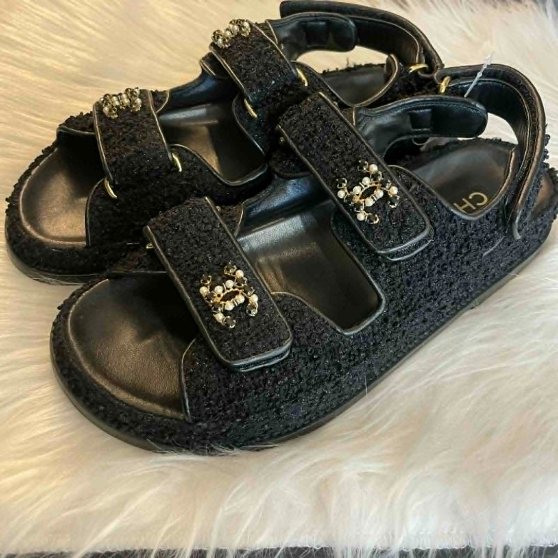 CHANEL 毛呢雙C魔鬼氈涼鞋 37.5-1