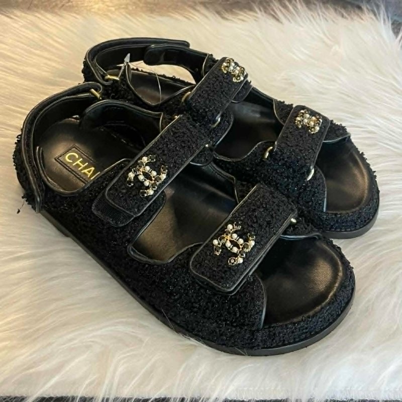 CHANEL 毛呢雙C魔鬼氈涼鞋 37.5-2