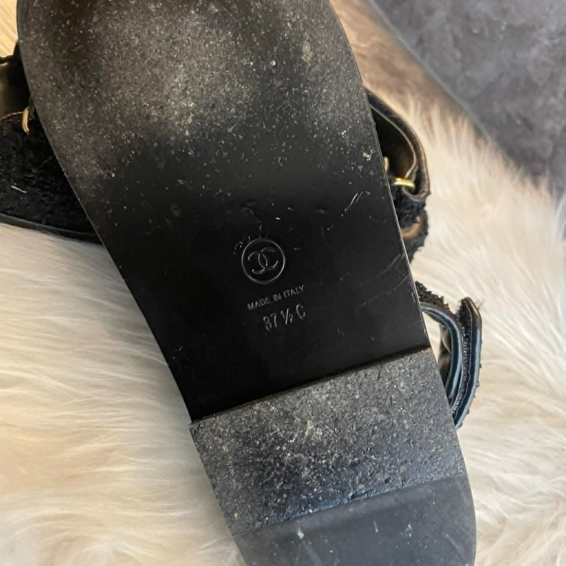 CHANEL 毛呢雙C魔鬼氈涼鞋 37.5-4