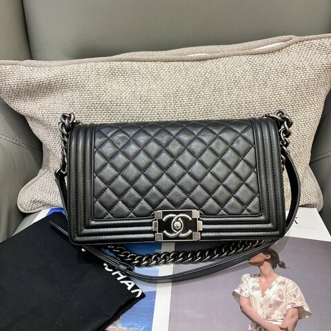 香奈兒/Chanel LEBOY中號黑銀牛皮肩背斜背包