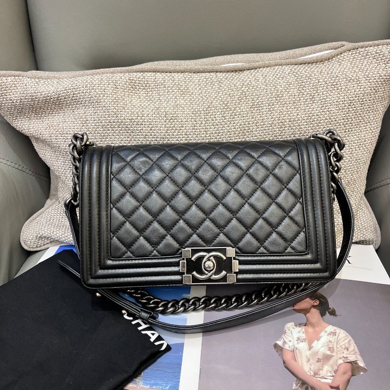 香奈兒/Chanel LEBOY中號黑銀牛皮肩背斜背包-5