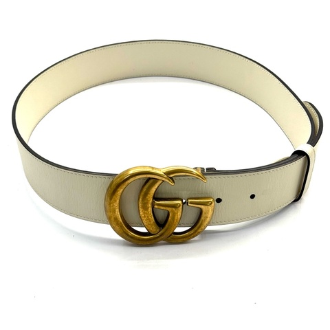 GUCCI 古馳 GG MARMONT 經典仿舊雙G扣米色皮帶 80cm 400593