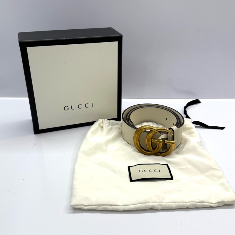 GUCCI 古馳 GG MARMONT 經典仿舊雙G扣米色皮帶 80cm 400593-2