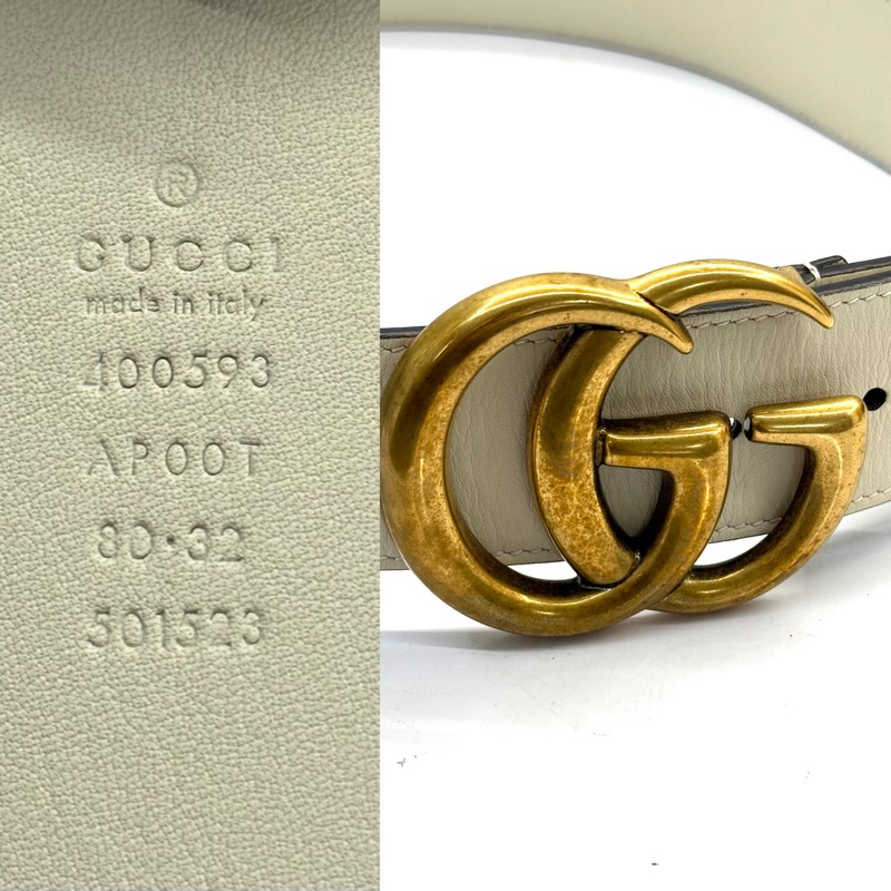 GUCCI 古馳 GG MARMONT 經典仿舊雙G扣米色皮帶 80cm 400593-4