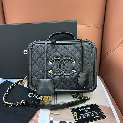 香奈兒/Chanel vanity case 黑金荔枝紋牛皮相機包 中號