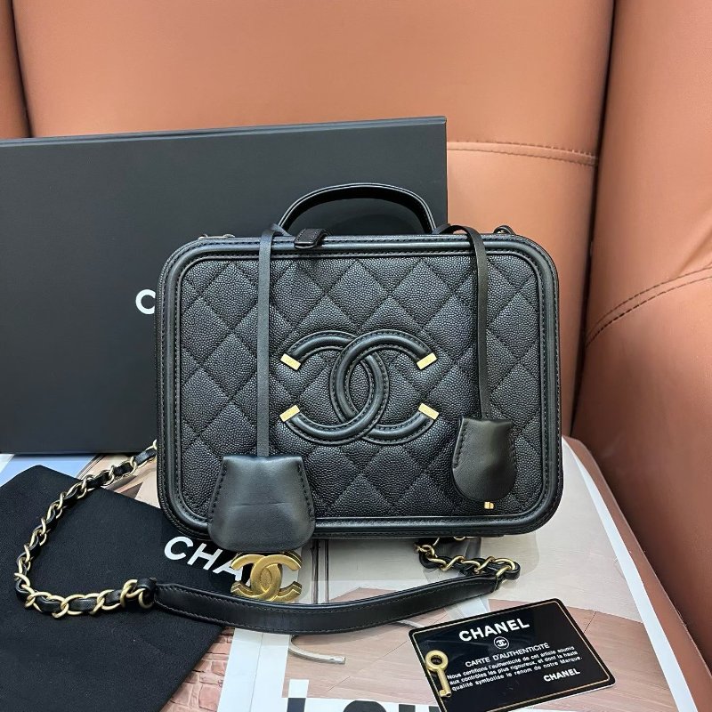 香奈兒/Chanel vanity case 黑金荔枝紋牛皮相機包 中號-0