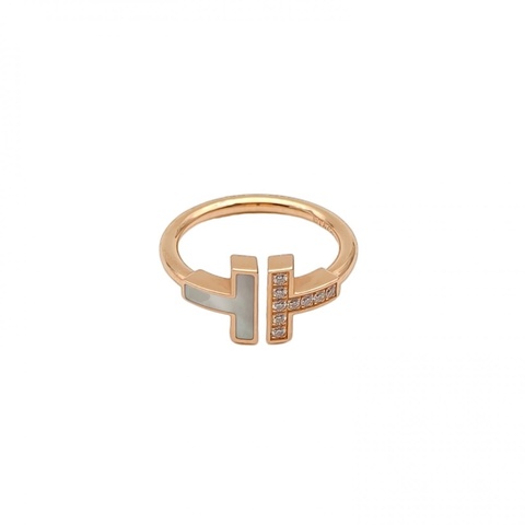 TIFFANY&CO TiffanyT半鑽半貝母線圈戒指18K玫瑰金/鑽石/白貝母51