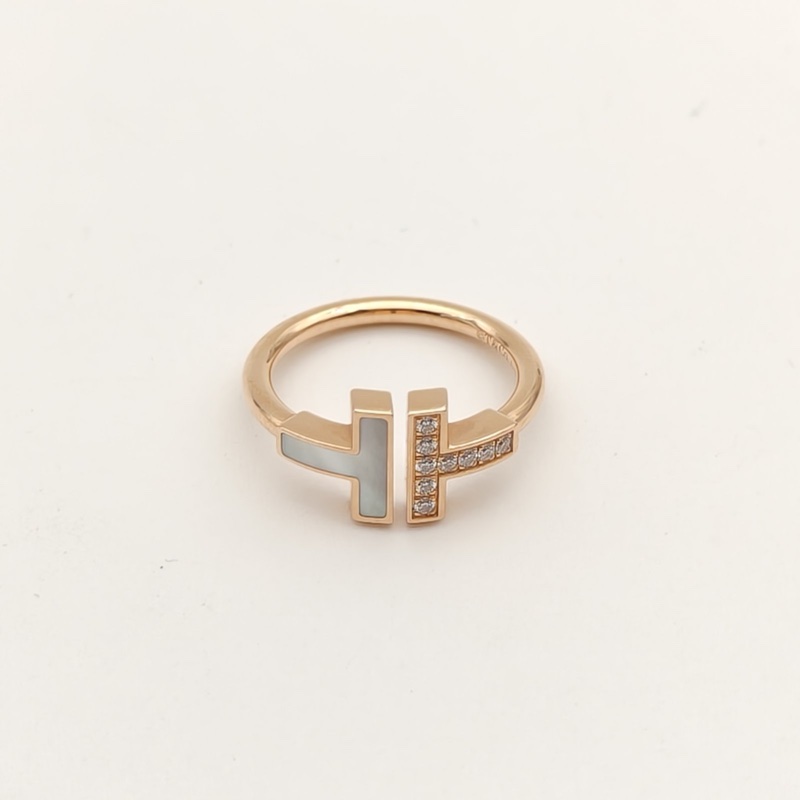 TIFFANY&CO TiffanyT半鑽半貝母線圈戒指18K玫瑰金/鑽石/白貝母51-1
